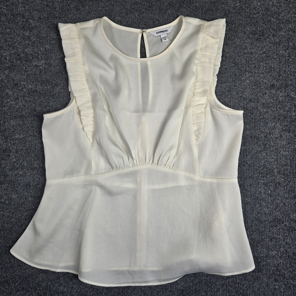 Express Blouse Womens M Ivory Peplum Sleeveless Ruffle Pleated Keyhole Back Top